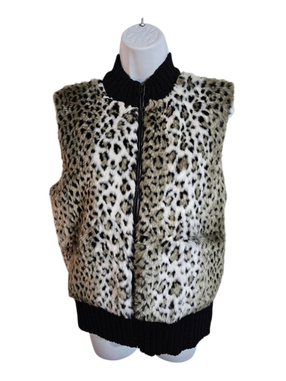 Kim Rogers Women Large Vest Black Grey Leopard Faux Fur Statement Y2K Archival - Picture 2 of 6